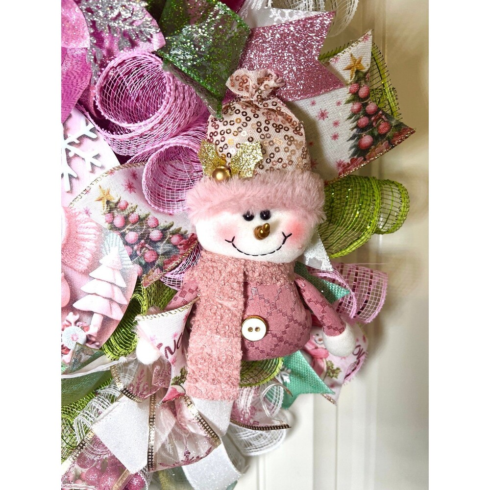 Handmade Pink Winter Snowman Holiday Ribbon Door Wreath 22 ins W81 - Picture 5 of 11